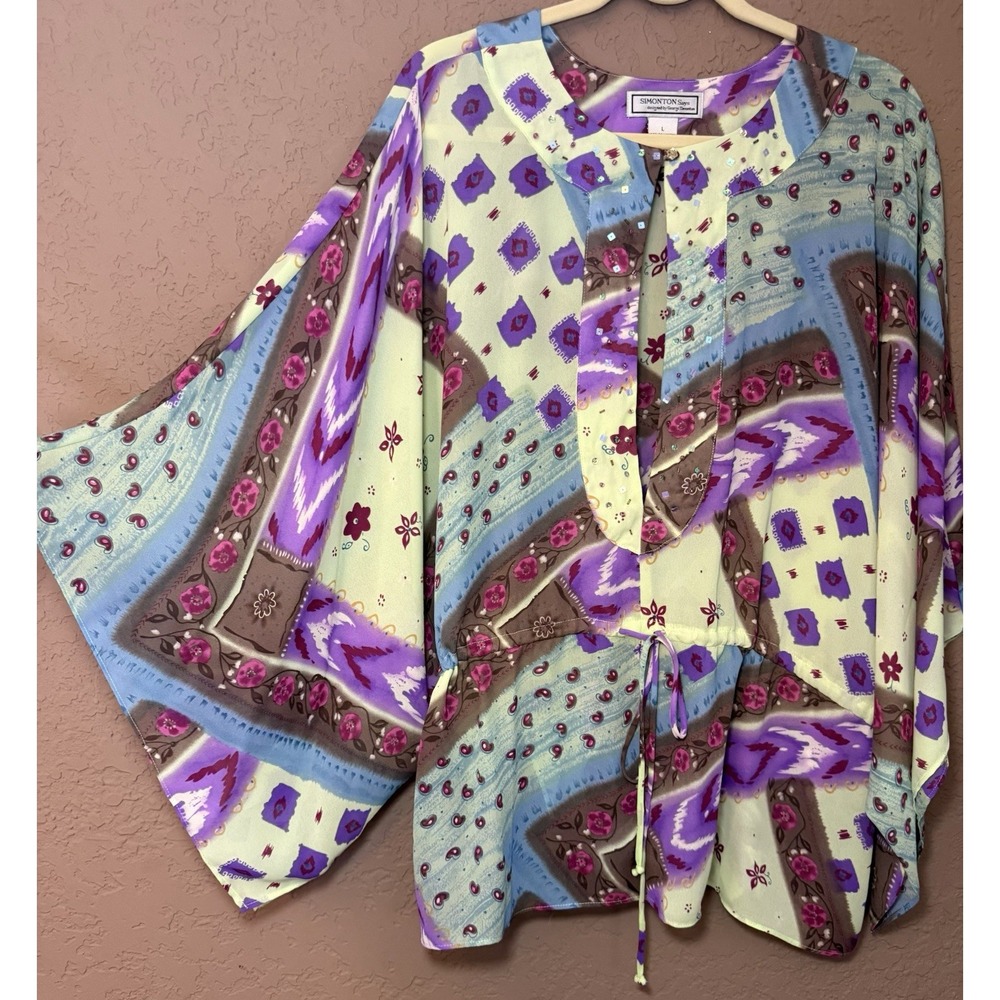 Simonton Says George Simonton Women's L Poly Multicolor Kaftan Blouse Tie Waist